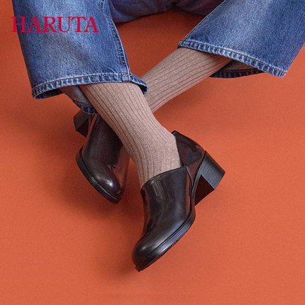Haruta日系百搭476真皮女鞋新款Spock皮鞋复古一脚蹬中跟休闲鞋女