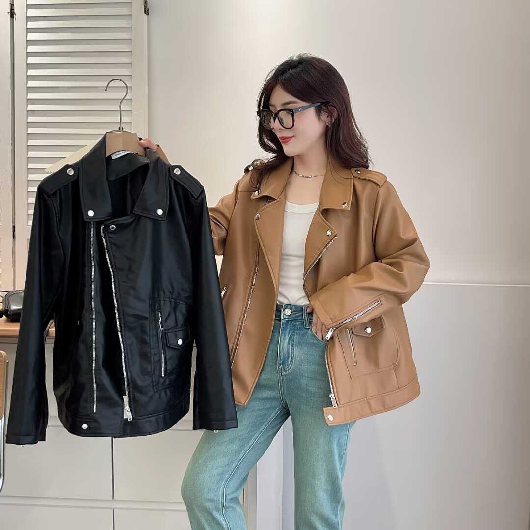 春秋韩版新款PU皮机车皮衣200斤胖mm翻领斜拉链外套大码皮夹克女