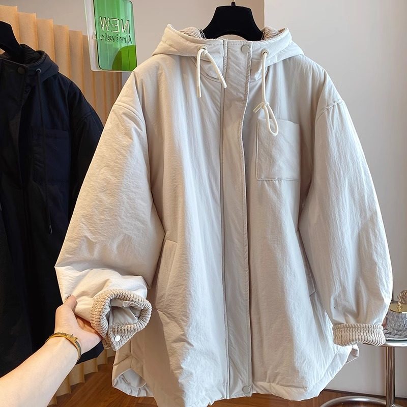简约连帽大衣棉服女士秋冬季2025新款休闲中长款轻薄夹棉风衣外套