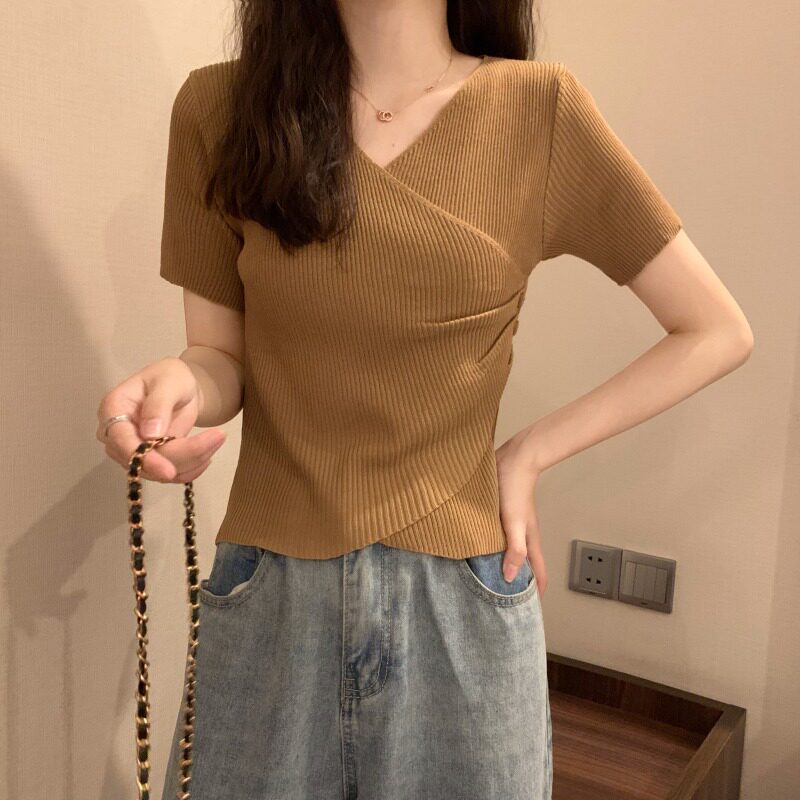 冰丝短袖t恤女夏季薄款2023年新款修身显瘦白色针织衫V领短款上衣