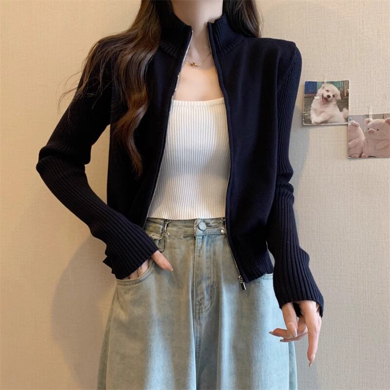 黑色针织开衫外套女2025新款春秋款小个子立领拉炼毛衣打底衫内搭