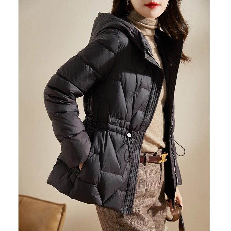连帽羽绒棉服女士冬季新款设计感收腰短款轻薄外套黑色保暖小棉袄