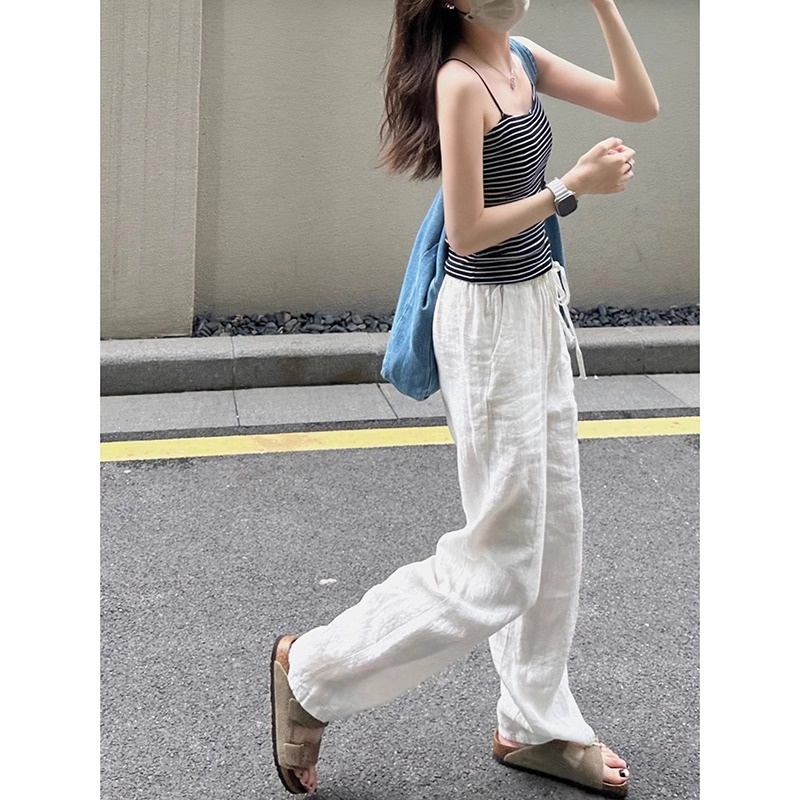 白色棉麻阔腿裤女2025新款夏季薄款直筒宽松高腰垂感亚麻休闲裤女
