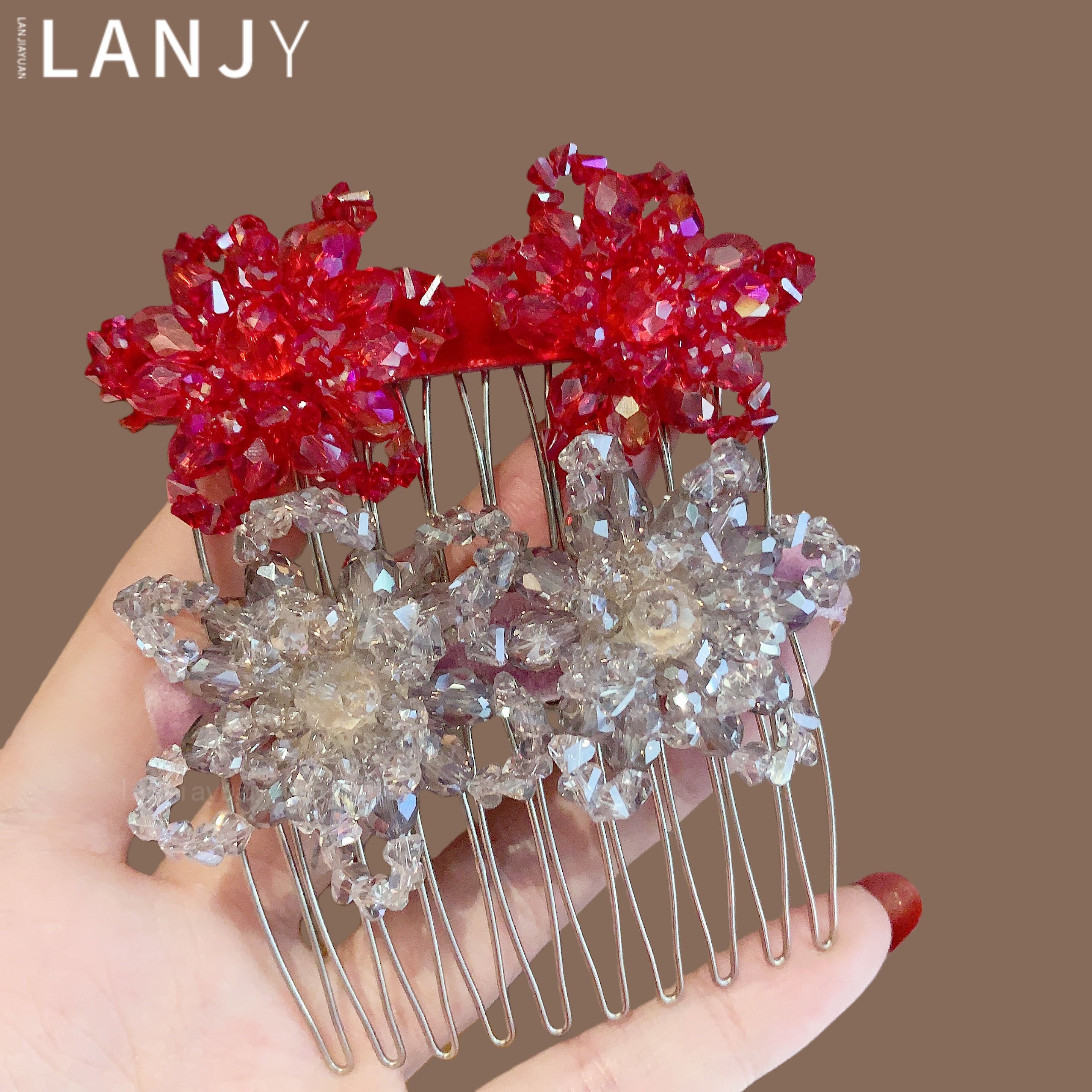 2026年韩国水晶串珠发梳发夹女时尚碎发整理倒插梳新年红色氛发饰,饰品/流行首饰/时尚饰品新,发饰,淘宝优惠券,粉丝福利购,淘宝优惠卷