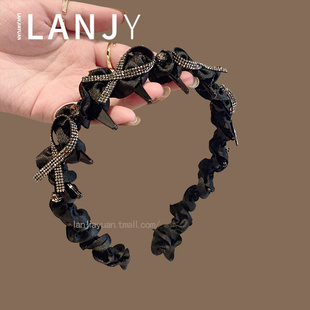 法式黑色闪钻蝴蝶结手工褶皱带齿细发箍女高级感时尚洋气头箍发饰