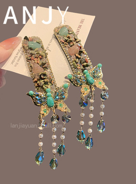 新中式复古绿色水晶蝴蝶流苏发夹2025年春夏氛围感侧边夹bb夹发饰