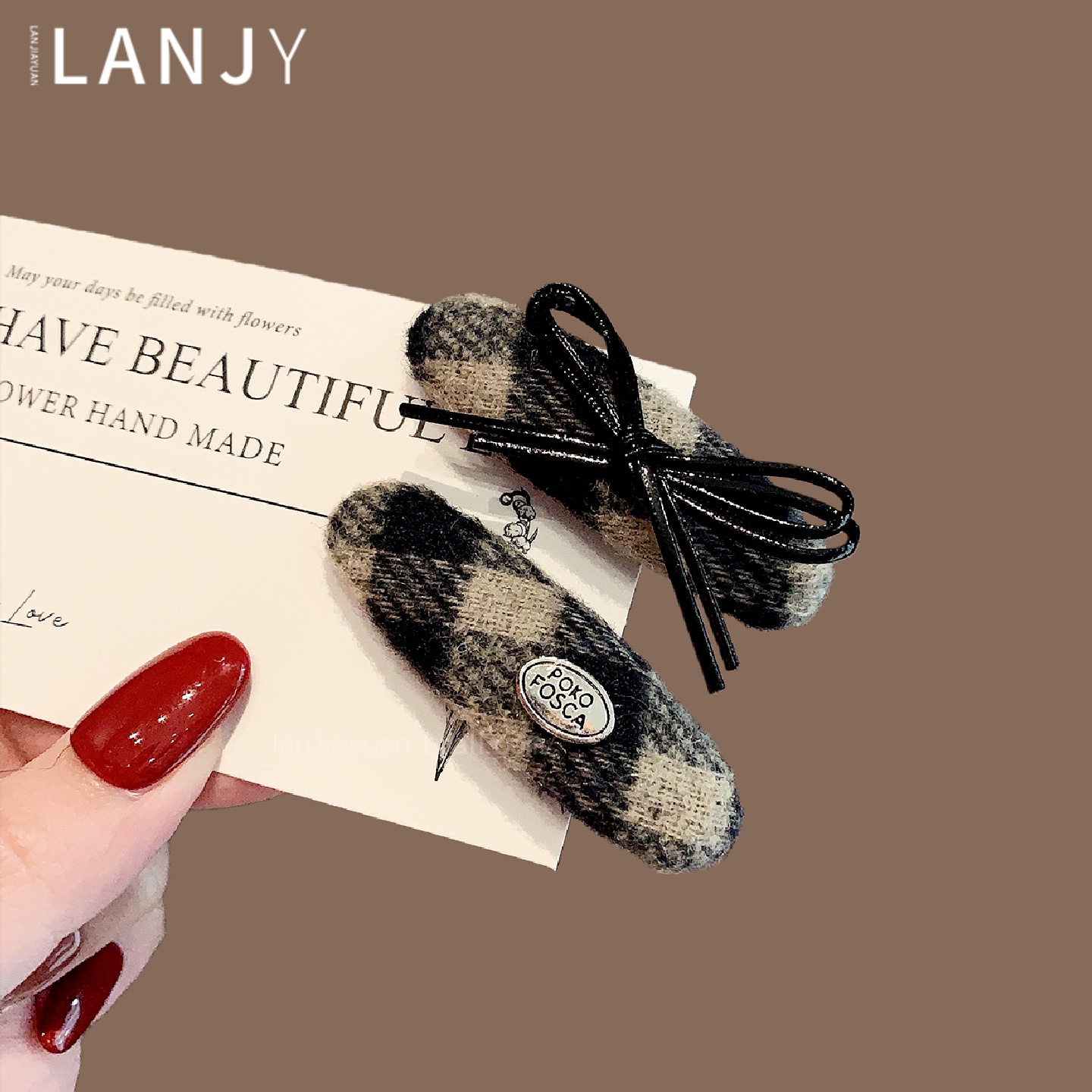 韩国黑灰毛呢格纹发夹