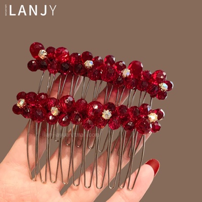高级感红色水晶串珠发梳发卡