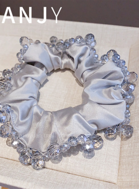 东大门蓝色缎面小肠圈精致水晶串珠头绳时尚简约扎马尾丸子头发绳