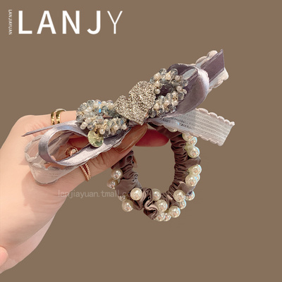 韩版灰紫色蝴蝶结珍珠发绳精致满钻爱心发圈高级感网红扎发头绳女