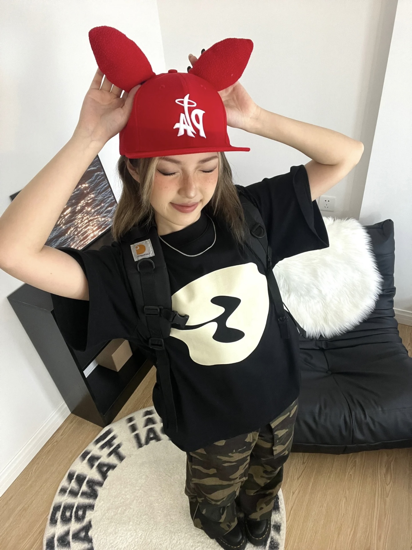 诺米同款国潮美式兔耳朵平檐帽春秋百搭嘻哈帽棒球帽平沿帽大头围