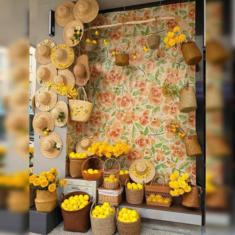 店铺室外草吊饰帽材料装饰夏日店铺橱窗仿真柠檬装置材料打卡布置