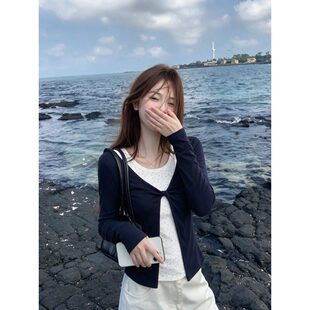 MR随心裁韩系碎花假两件正肩长袖t恤女早秋季修身打底衫上衣