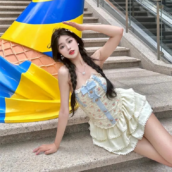 甜美气质减龄套装女夏季蝴蝶结碎花抹胸上衣高腰蓬蓬蛋糕裙