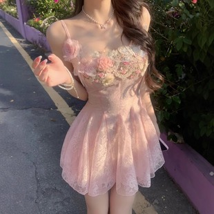 甜美纯欲立体花朵网纱吊带连衣裙2025春夏新款 法式 收腰显瘦仙女