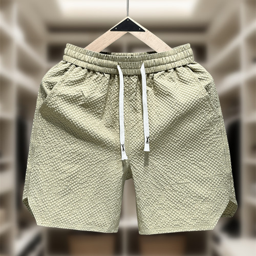 男款夏季纯色发泡细格外穿沙滩裤