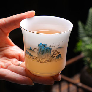 千里江山冰种羊脂玉瓷品茗杯主人杯功夫茶具套装礼盒家用主人杯子