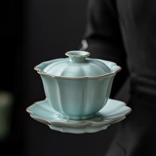 天青汝窑开片三才盖碗家用茶台可养茶碗功夫茶具泡茶杯茶盏敬茶碗