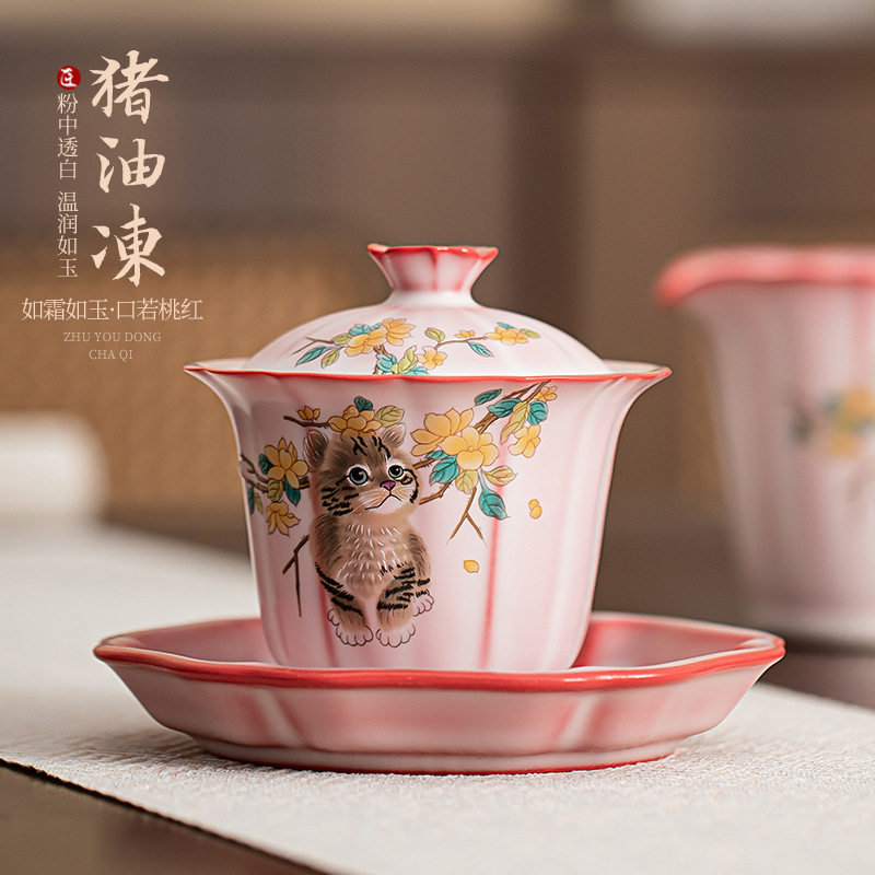 萌猫汝瓷猪油冻黄花猫三才盖碗