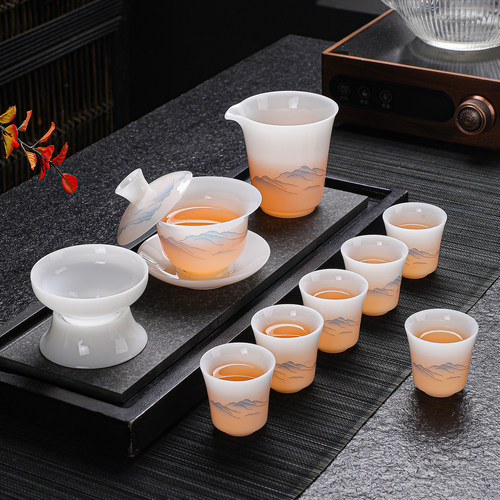 水墨江山璞玉陶瓷功夫茶具套装白瓷山水画盖碗茶杯整套家用礼盒装