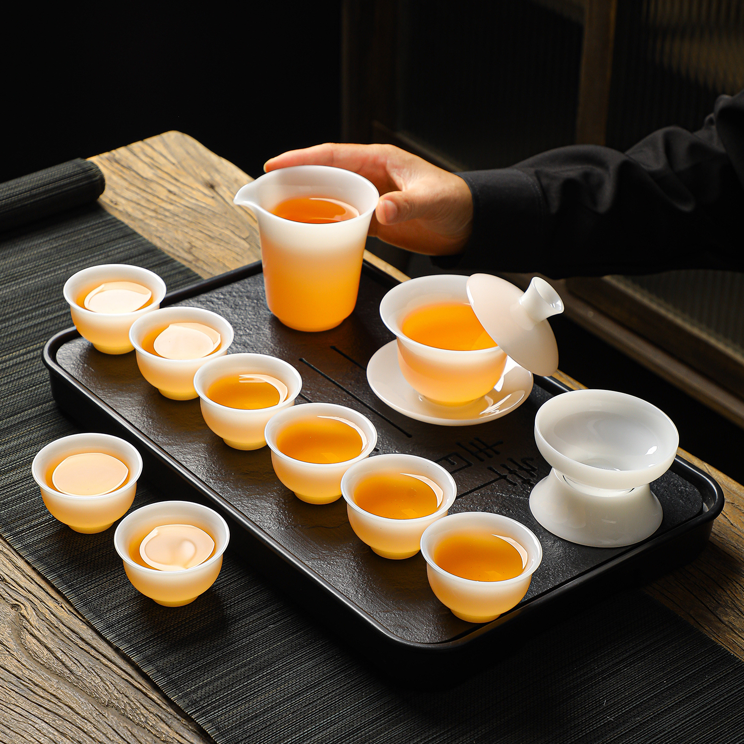 璞玉冰种玉瓷悬停盖碗茶具套装家用陶瓷功夫茶冲茶器手工配件单卖