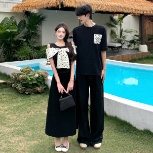 情侣装夏季设计感ins法式甜美风露肩波点蝴蝶结连衣裙时尚显瘦潮