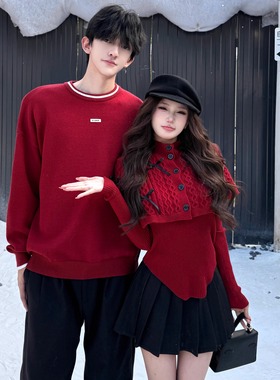 情侣装圣诞新年红色毛衣2025冬季温柔风蝴蝶结披肩斗篷针织衫上衣