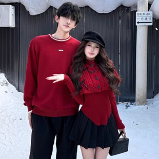 上衣 温柔风蝴蝶结披肩斗篷针织衫 情侣装 圣诞新年红色毛衣2025冬季