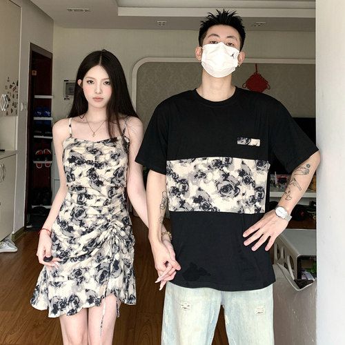 情侣装碎花吊带连衣裙一裙一衣