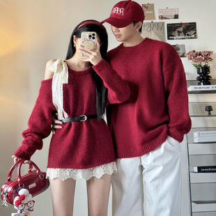 ins超火露肩毛衣女宽松慵懒风针织衫 2025新款 外套潮 秋冬季 情侣装