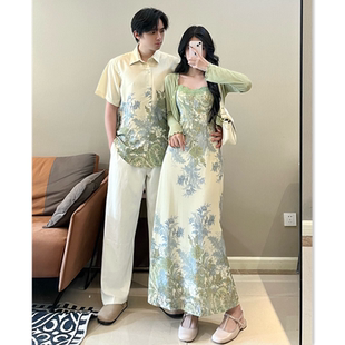 情侣装 纯色碎花高级感连衣裙套装 夏装 短袖 一裙一衣 2025新款 新中式