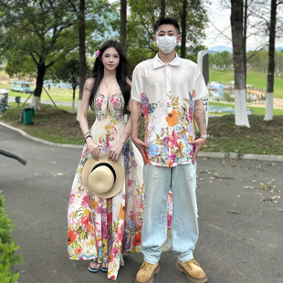 度假风碎花显瘦吊带长裙男旅游短袖 情侣装 夏季 法式 一衣一裙潮 衬衫