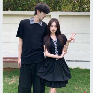 情侣装夏装一裙一衣ins法式设计感学院风连衣裙显瘦韩版男短袖T恤