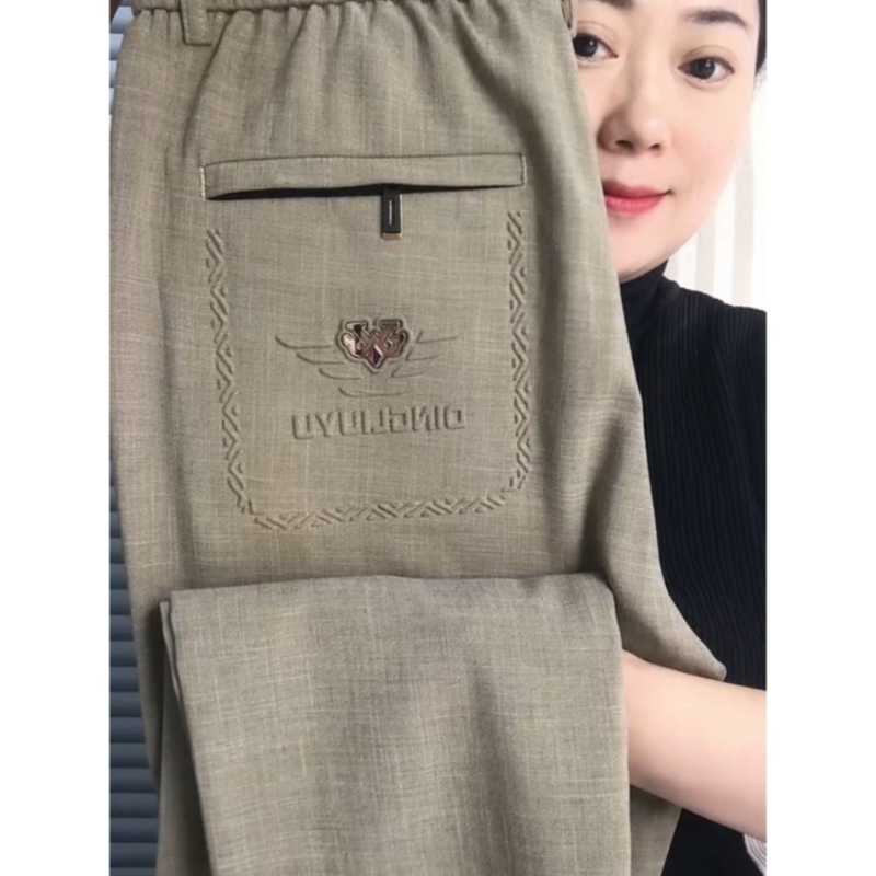 时尚百搭夏季薄款天丝棉麻休闲直筒裤刺绣显瘦长裤松紧腰直角裤男