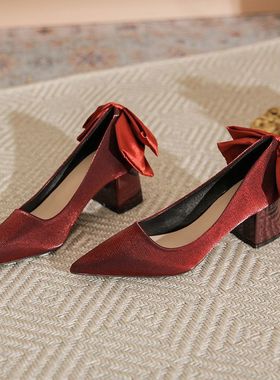 红色婚鞋女秀禾服3厘米高跟新娘鞋2026年新款孕妇粗跟中式礼服鞋