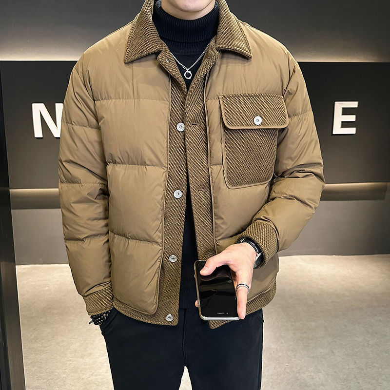 帅气拼接羽绒服短款男士外套2024冬季新款轻薄保暖翻领鸭绒上衣男