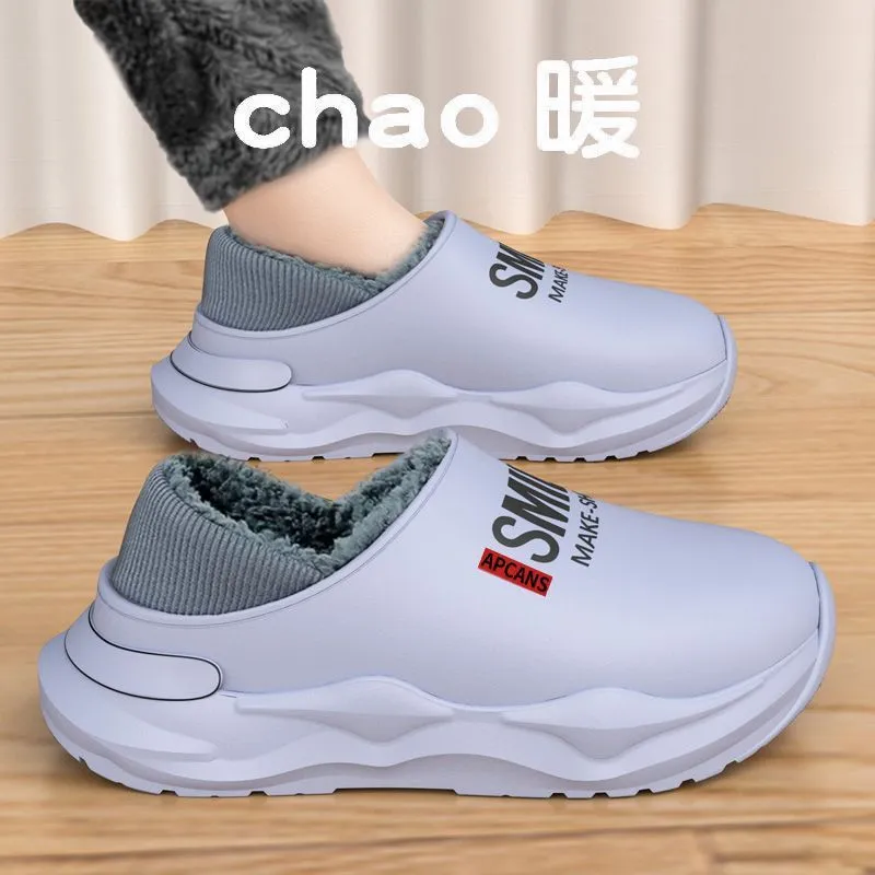 Apcans踩屎感棉拖鞋男冬季2025新款外穿防水厚底保暖加绒包跟棉鞋