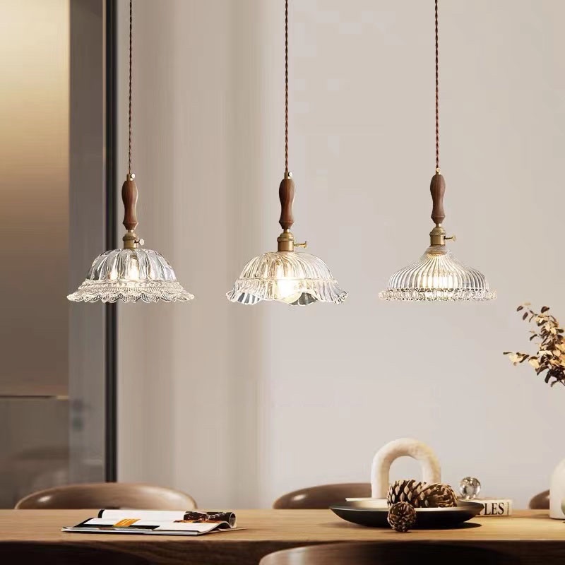 网红法式田园餐厅玻璃三头组合吊灯日式复古吧台餐桌胡桃木黄铜灯