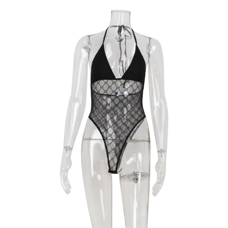 thumbnail for CNYISH American street hottie black figure low-cut V-neck one-piece top with mesh design suspenders