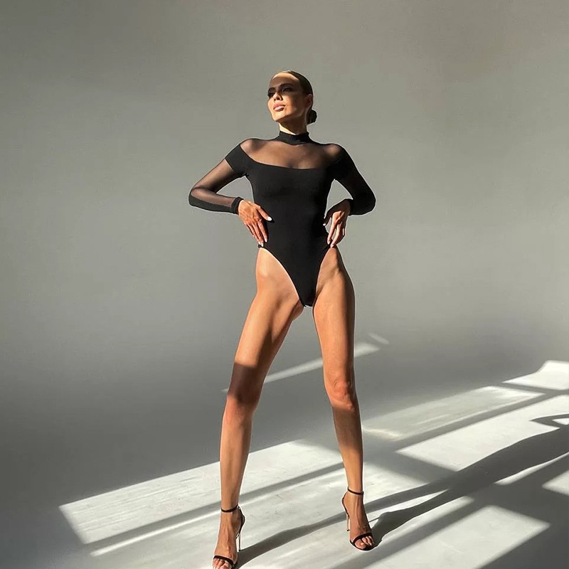 时尚网纱拼接设计长袖连体上衣