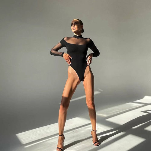 时尚网纱拼接设计长袖连体上衣