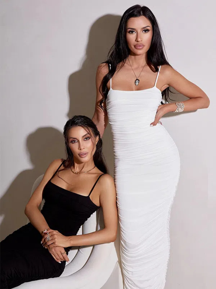 Women's Fashion Elegant Mature Style Ruched Design Versatile Slim Fit Strap Bodycon Long Sexy Tight Dress_voghion.com
