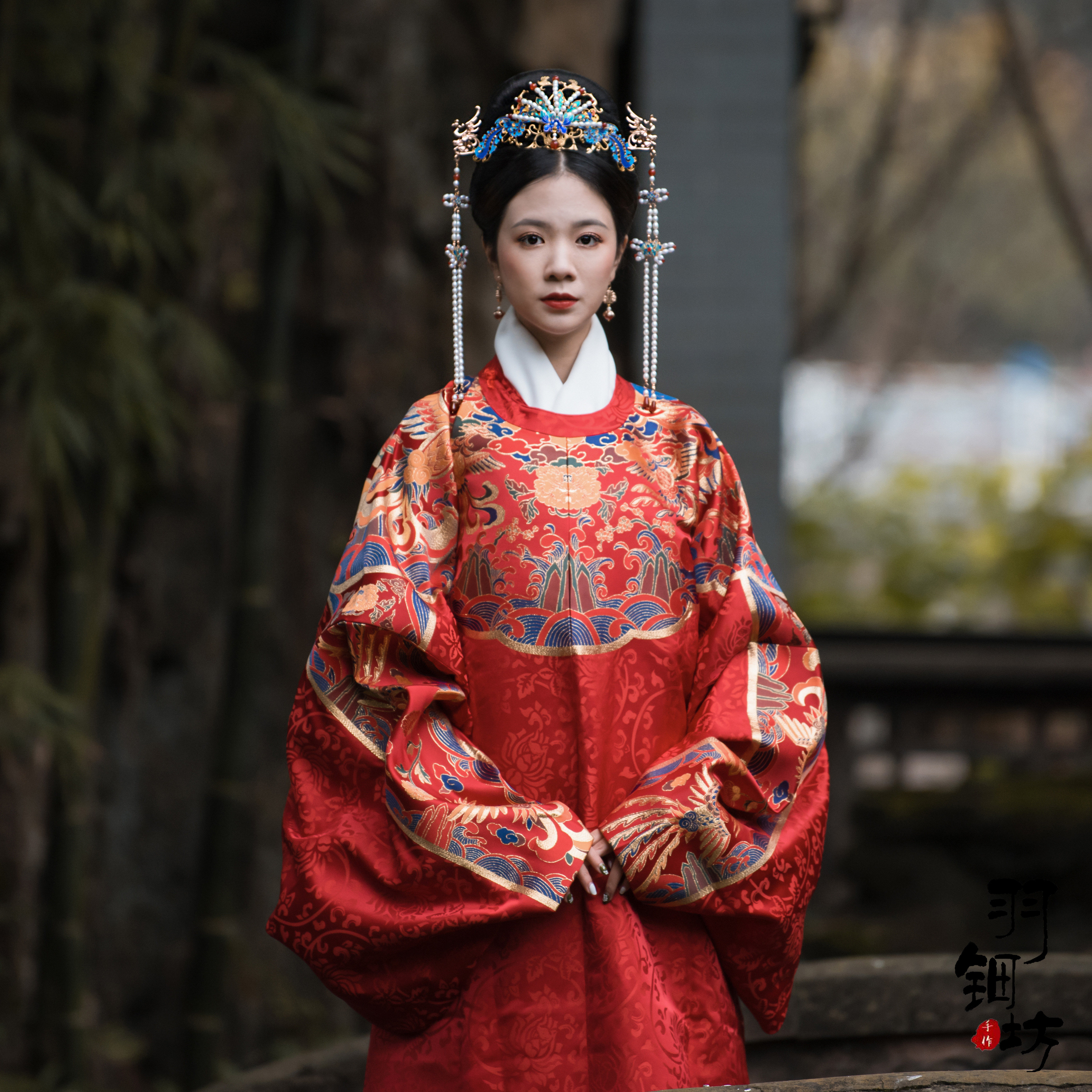 【凤羽】羽钿坊原创设计凤冠景泰蓝烧蓝珍珠凤钗汉服发冠古装簪子