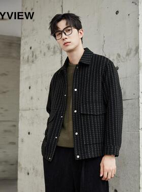 ANYVIEW专柜同款男士呢大衣翻领小格子夹-克式短外套秋冬时尚潮