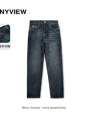 Anyview专柜同款时尚刺绣图案水洗牛仔裤个性潮牌微锥秋冬保暖款