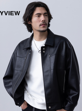 Anyview专柜同款男士美式复古风潮流帅气皮衣男机车翻领仿皮夹克