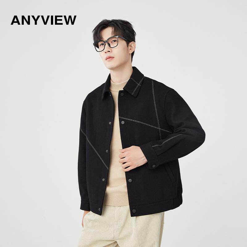 专柜同款ANYVIEW毛呢大衣男士短款羊毛大衣个性翻领时尚外套呢子