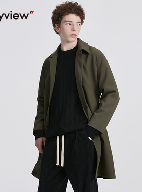 Anyview男装休闲时尚青年外套英伦简约风纯色中长款翻领腰带风衣