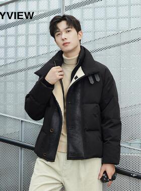 专柜同款ANYVIEW男士羽绒服冬装外套假两件双立领短款撞色羽绒服