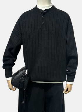 Anyview专柜同款亨利领针织衫男黑色坑条毛衣百搭高级感